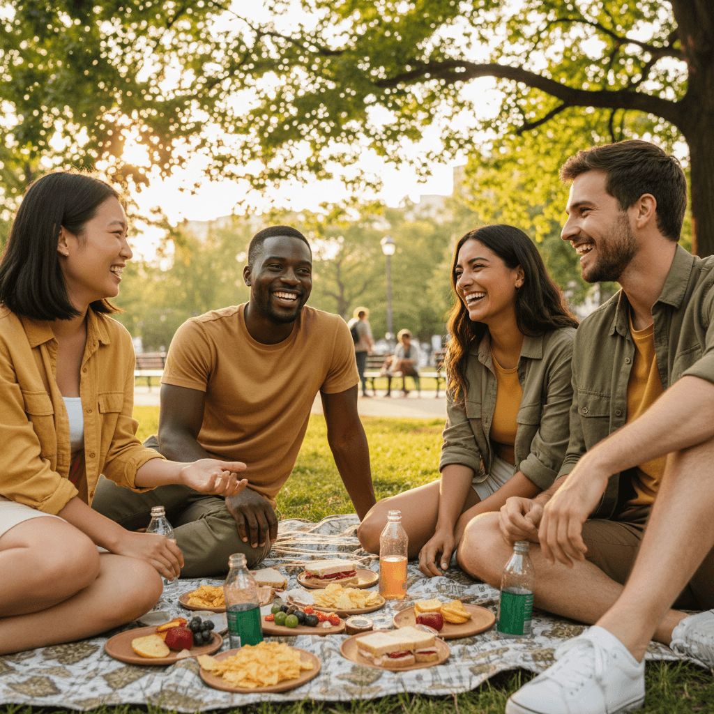Four diverse young adults laughing together on a picnic blanket in a sunny urban park during a spontaneous social gathering