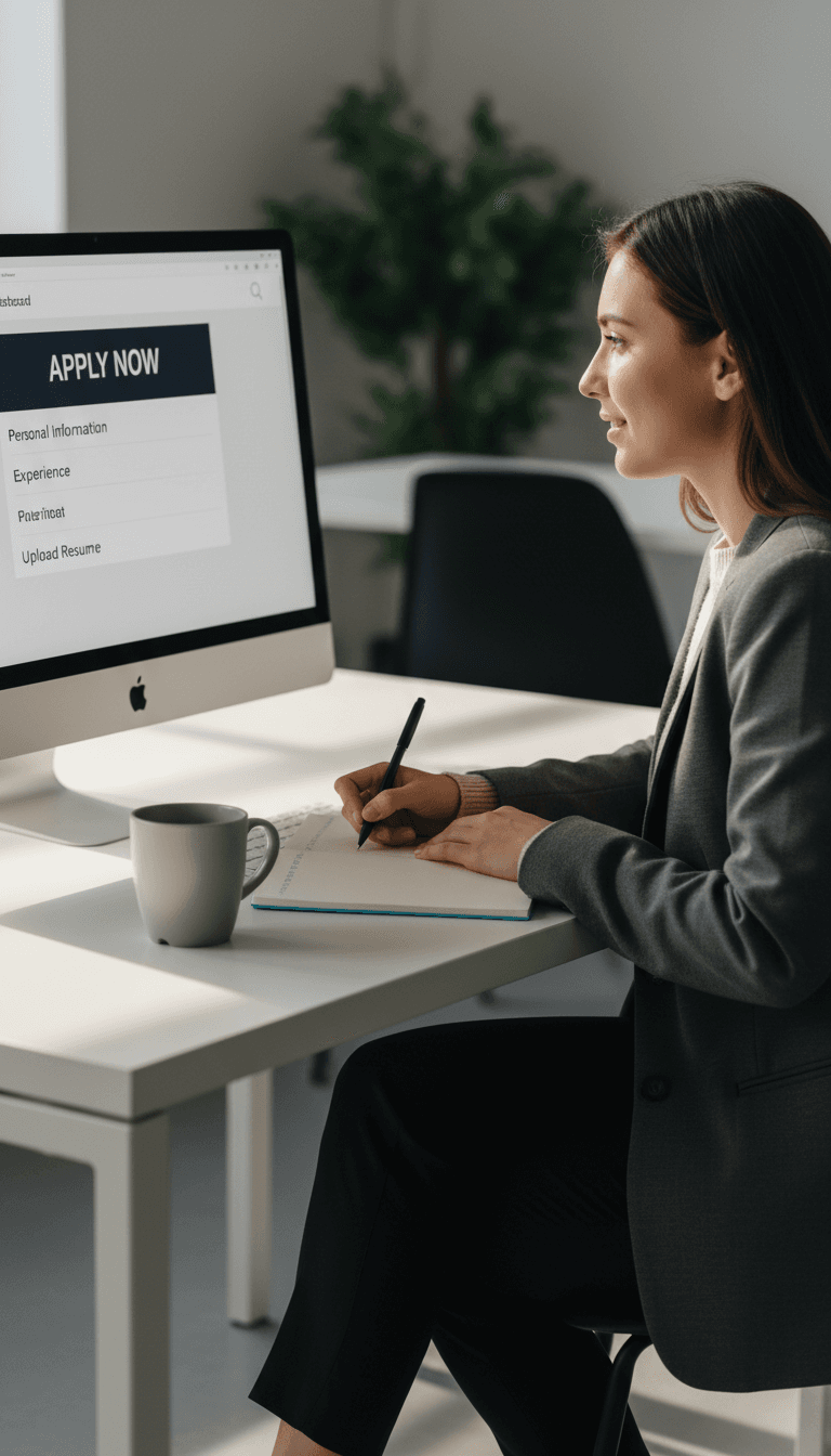 Professional focused on computer screen completing job application in bright, modern workspace with natural morning light